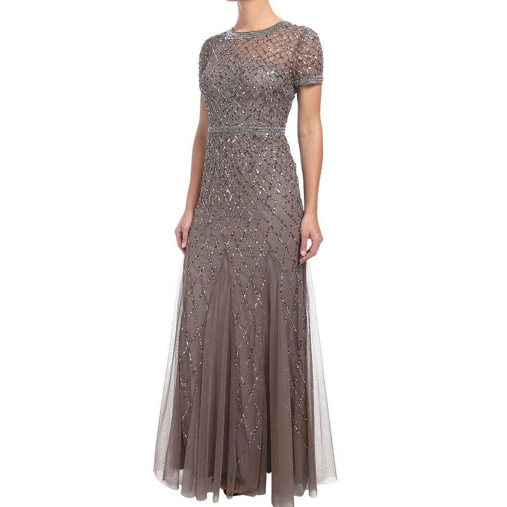 Adrianna Papell Women's Short-Sleeve Grid Beaded Gown Lead 4